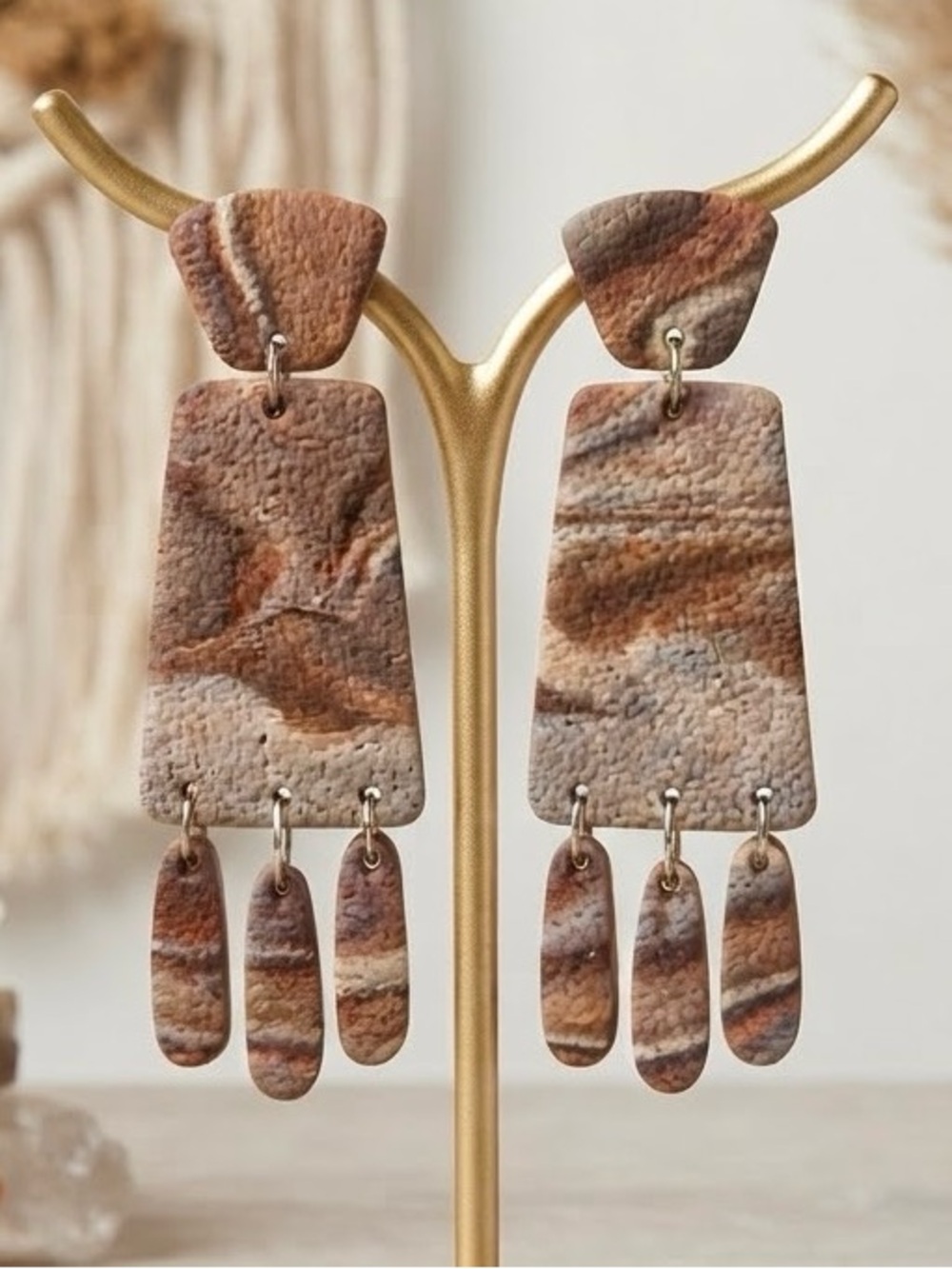 NWT Marbled Geometric Drop Earrings - Boho Brown & White - Handmade